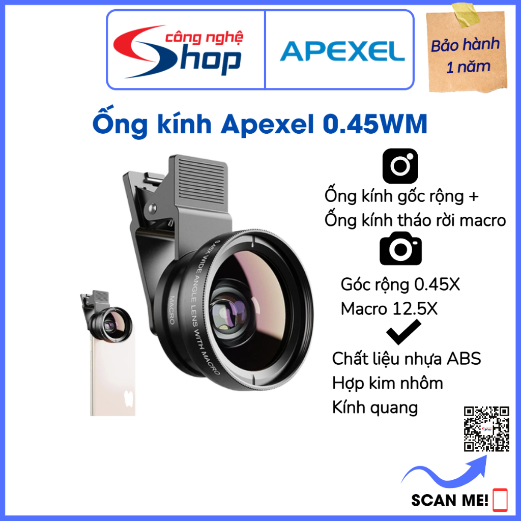 Ống kính điện thoại góc siêu rộng 0.45X  Apexel APL-0.45WM & ống kính macro 12.5X
