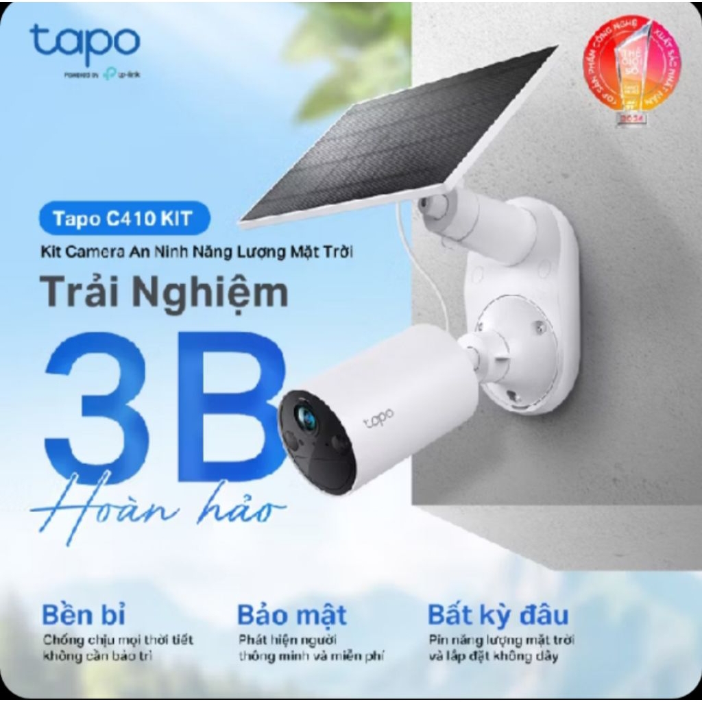 Camera WiFi NLMT TP-Link Tapo C410 KIT Camera Năng Lượng Mặt Trời, Độ Phân Giải 2K, Chống Nước