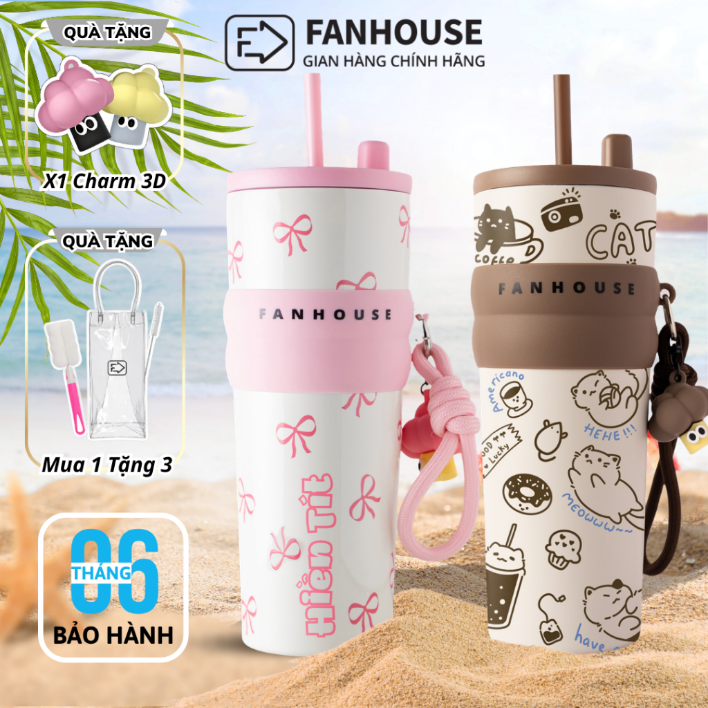 Bình giữ nhiệt khắc tên Fan House bình nước giữ nhiệt 12h inox 316 ống hút tiện lợi 710ml tặng charm