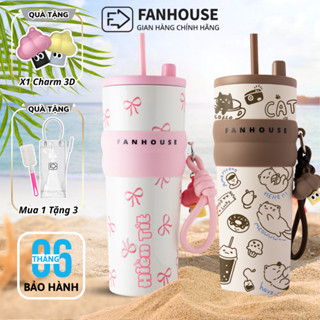 Bình giữ nhiệt khắc tên Fan House bình nước giữ nhiệt 12h inox 316 ống hút tiện lợi 710ml tặng charm