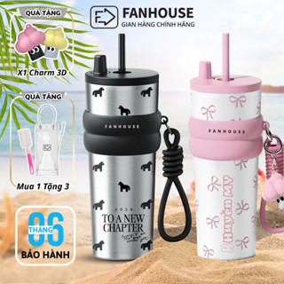 Bình giữ nhiệt khắc tên Fan House bình nước giữ nhiệt 12h inox 316 ống hút tiện lợi 710ml, chram 3D