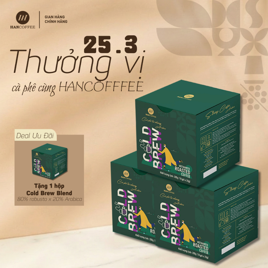Cà Phê Cold Brew Ủ Lạnh 100% Arabica Cầu Đất HANCOFFEE Vị Thanh Chua Đắng Nhẹ Hậu Ngọt Hộp 10 Gói