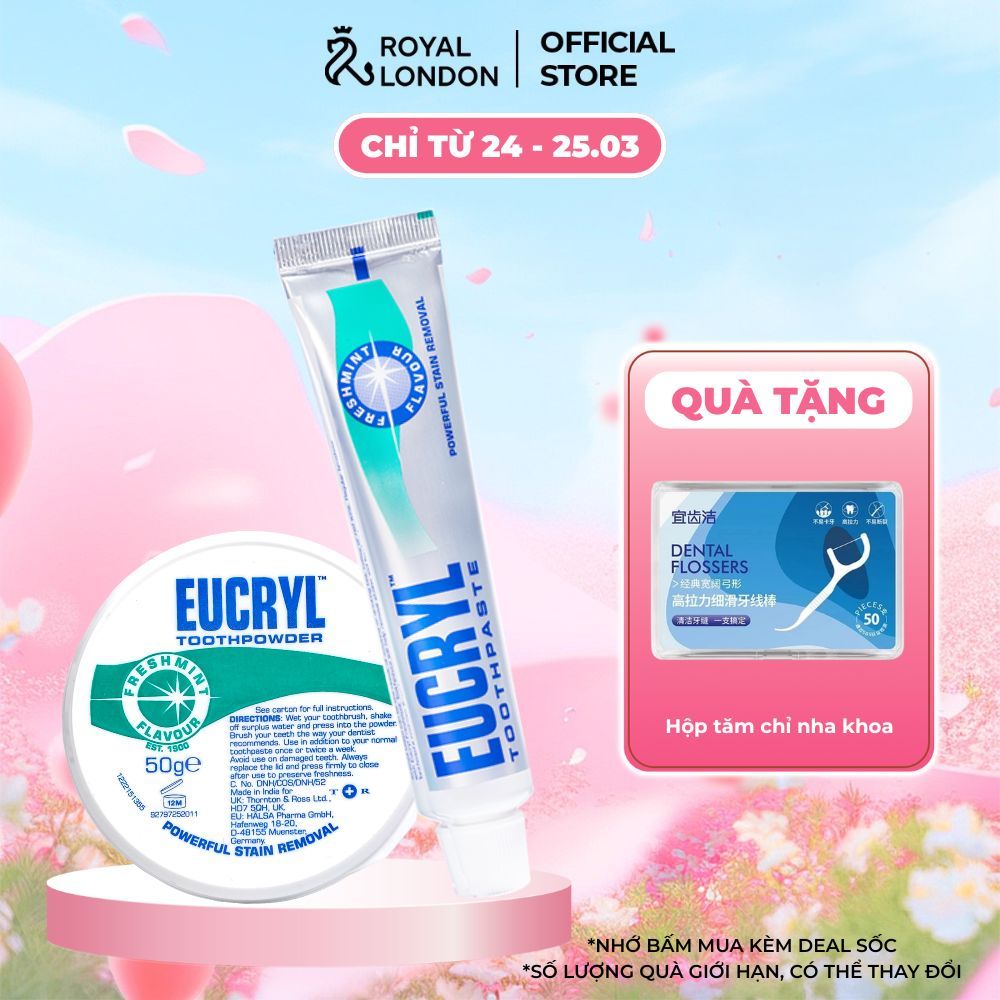 Combo Kem đánh răng Eucryl 62g + Bột tẩy trắng răng Eucryl 50g