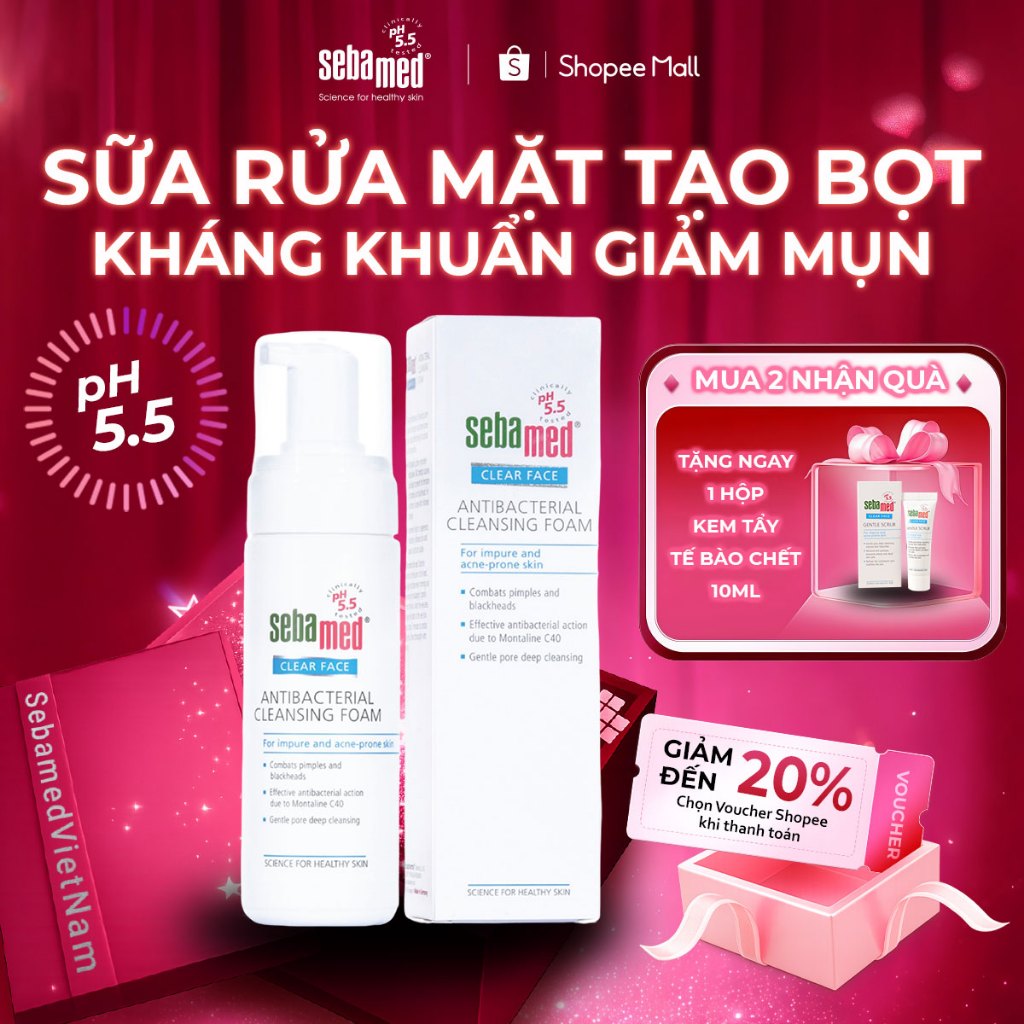 Sữa rửa mặt tạo bọt giảm mụn kích ứng Sebamed Antibacterial Cleansing Foam pH5.5 (150ml) da nhạy cảm