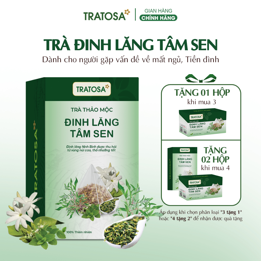 Trà đinh lăng tâm sen TRATOSA 6 vị thảo dược tốt cho giấc ngủ ngon, tiền đình an toàn, lành tính