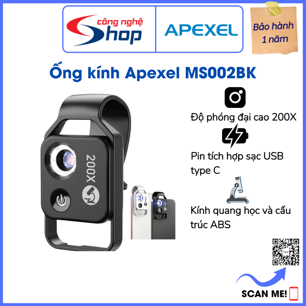 Ống kính hiển vi LED 200X dành cho điện thoại di động Apexel APL-MS002BK