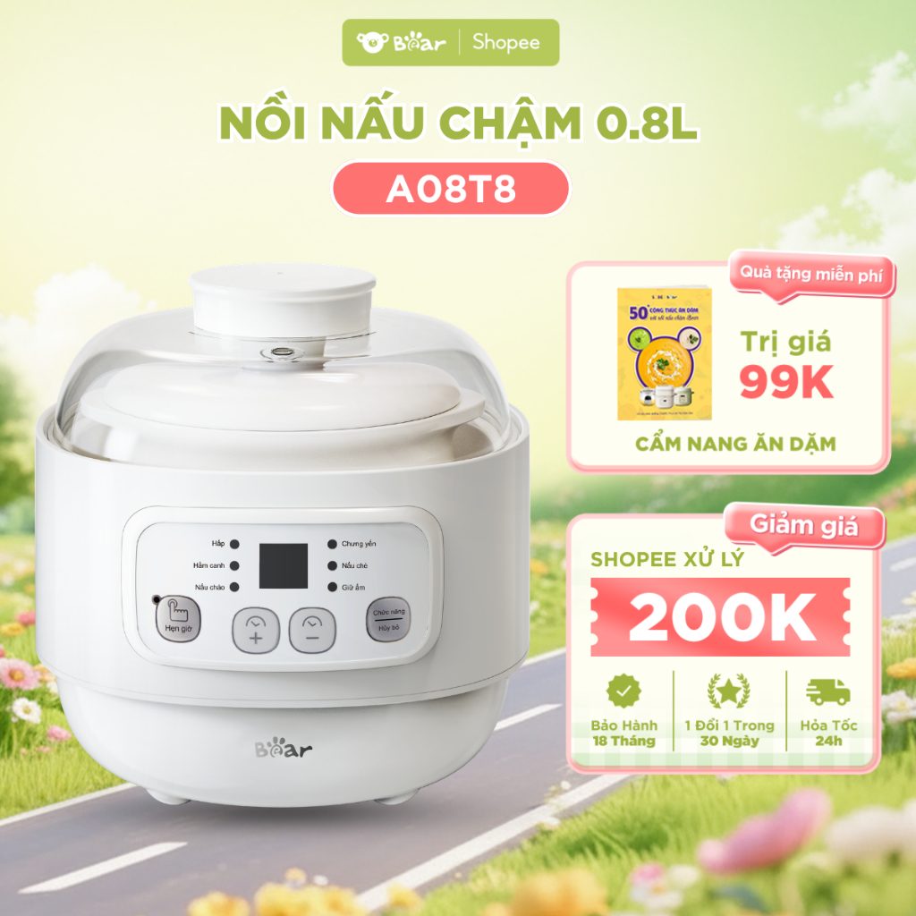 [Kèm Xửng Hấp] Nồi Nấu Cháo Chậm BEAR 0.8L Chưng Yến Nấu Cháo Ăn Dặm Cho Mẹ Bé Hầm Thức Ăn DDZ-A08T8