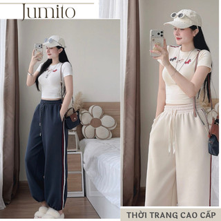 Set đồ nữ croptop trẻ trung cá tính, set quần áo nữ quần dài ống rộng phối sọc phong cách JUMITO HCOM27119