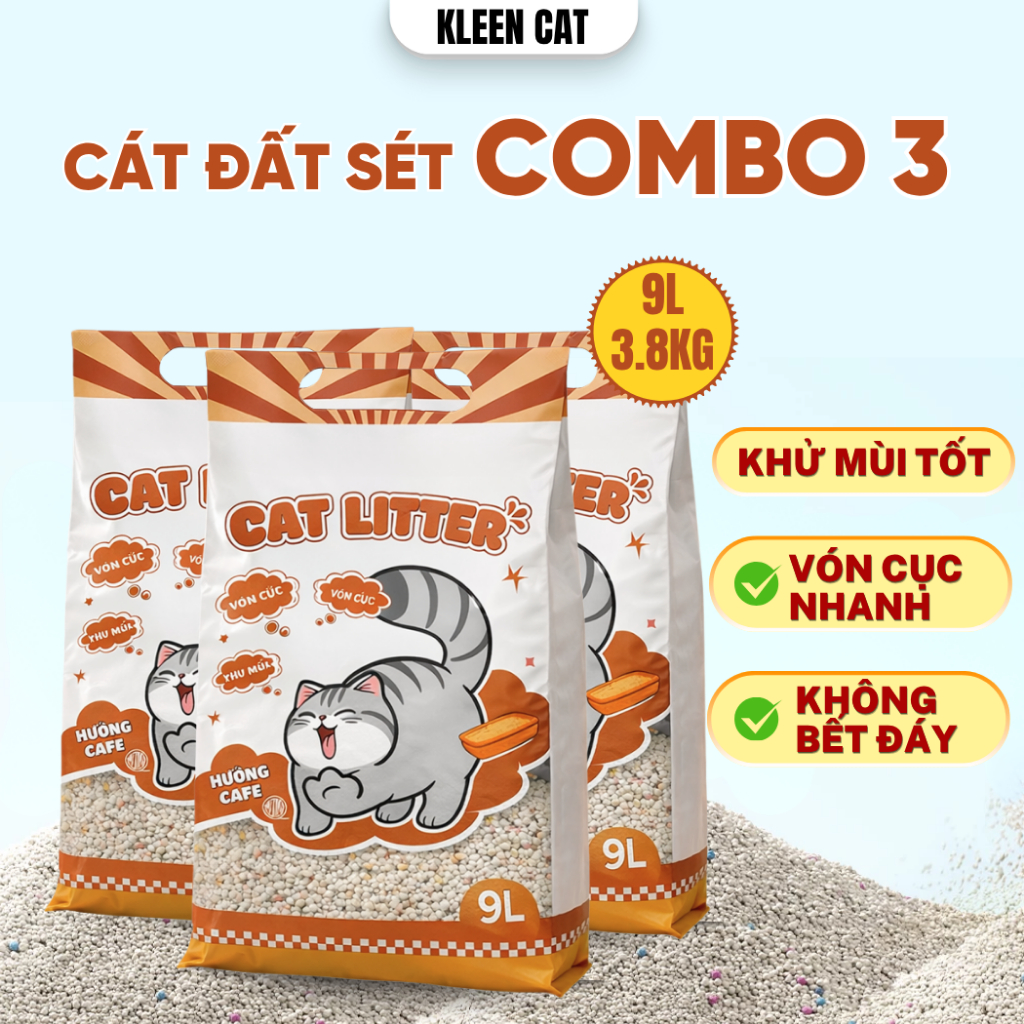 Combo 3 túi Cát Mèo Kleen Vón Cục Tốt 9l/ 3.8Kg Khử Mùi Không Bết Đáy Kleen Cat