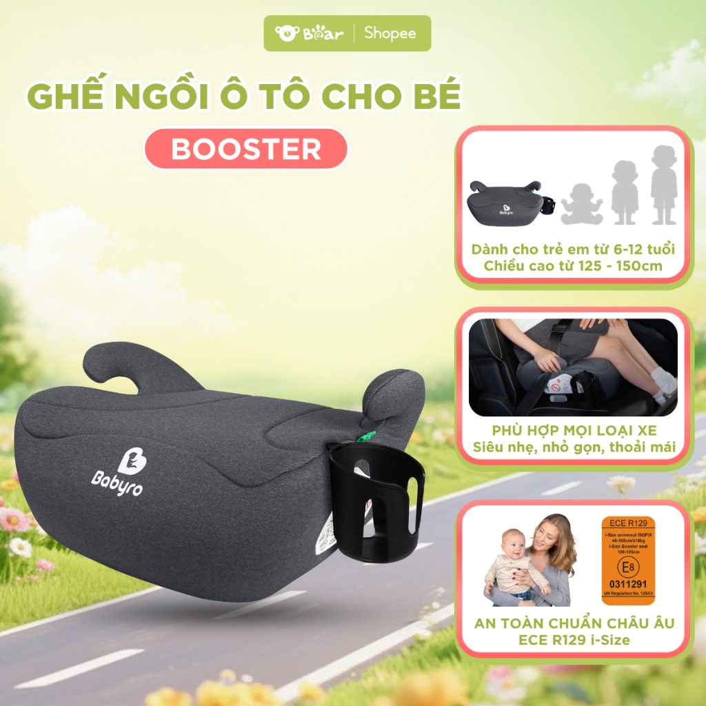 Ghế Ngồi Ô Tô Cho Bé BABYRO BOOSTER Tiêu Chuẩn ECE-R129 Đệm Nâng Đệm Ghế Cho Trẻ Em 6 7 8 9 10 11 12