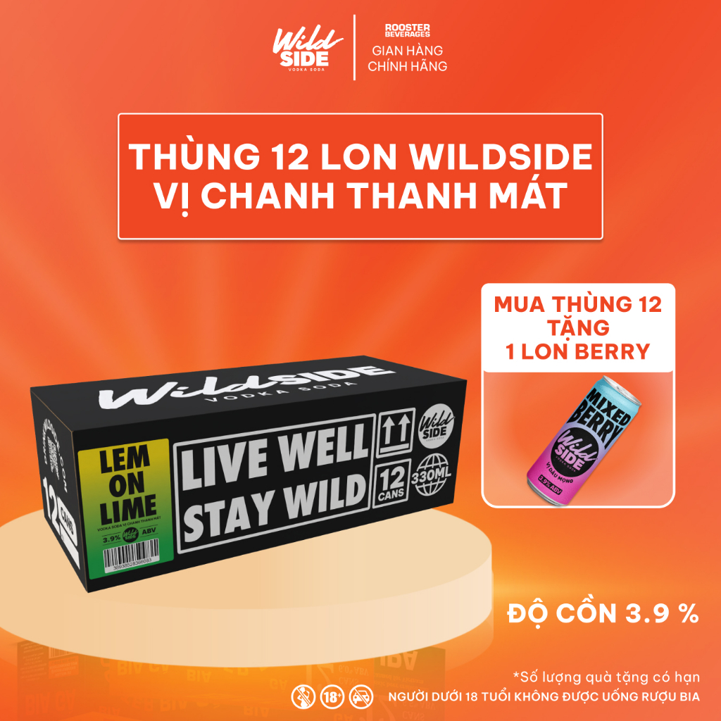 Wildside Vodka Soda Vị Chanh Thanh Mát | Thùng 12 Lon x 330ml – Độ cồn 3.9%  – Đồ uống có cồn nhẹ