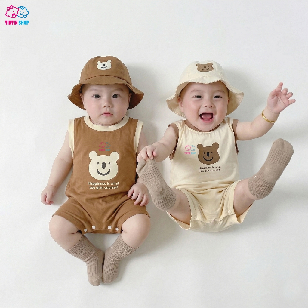 Body đùi sát nách kèm nón cho bé trai bé gái vải cotton 4 chiều Bodysuit liền thân cho bé sơ sinh mặc mùa hè SLH155
