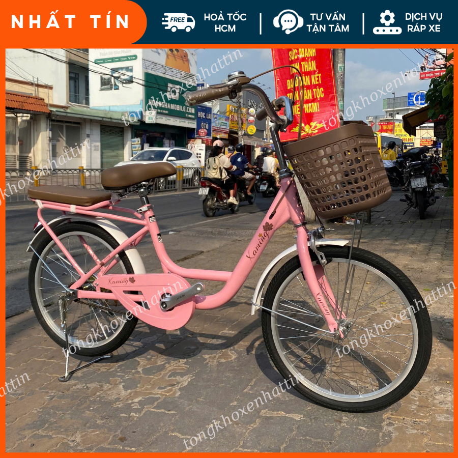 Xe Đạp Trẻ Em XAMING Mini - Xe Đạp Bé Gái Màu Hồng Vintage Cao Cấp Size 20/22/24 Inch (Kèm Giỏ Mây &
