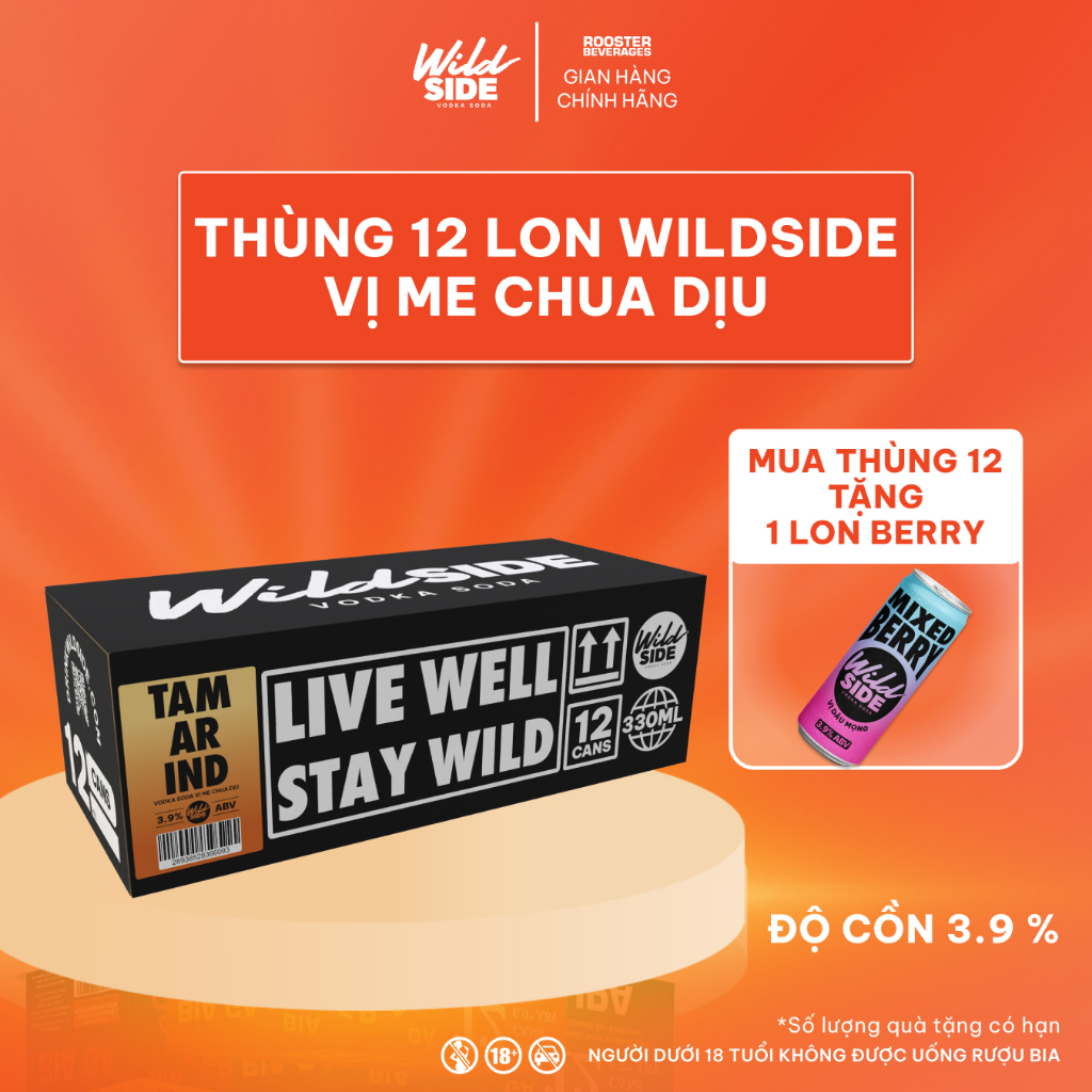 Wildside Vodka Soda Vị Me Chua Dịu | Thùng 12 Lon x 330ml – Độ cồn 3.9%  – Đồ uống có cồn nhẹ