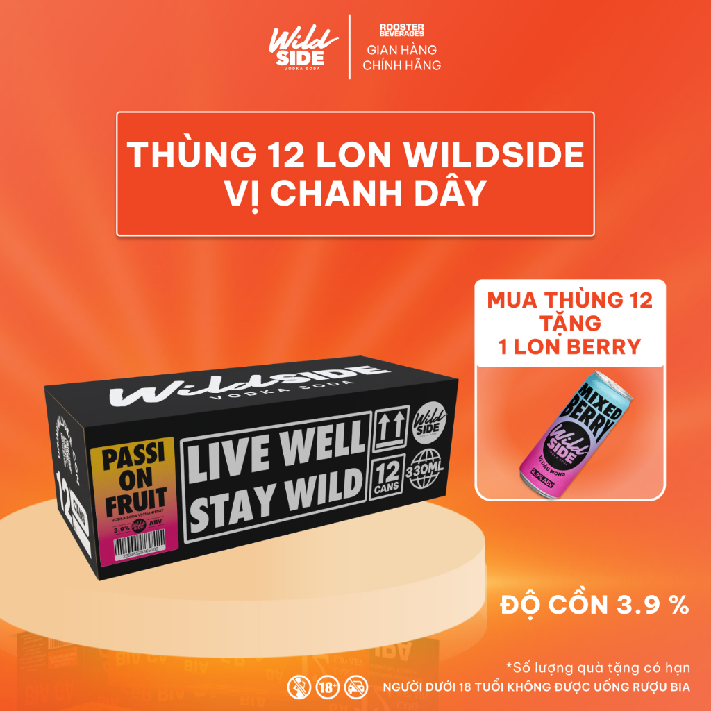 Wildside Vodka Soda Vị Chanh Dây | Thùng 12 Lon x 330ml – Độ cồn 3.9%  – Đồ uống có cồn nhẹ