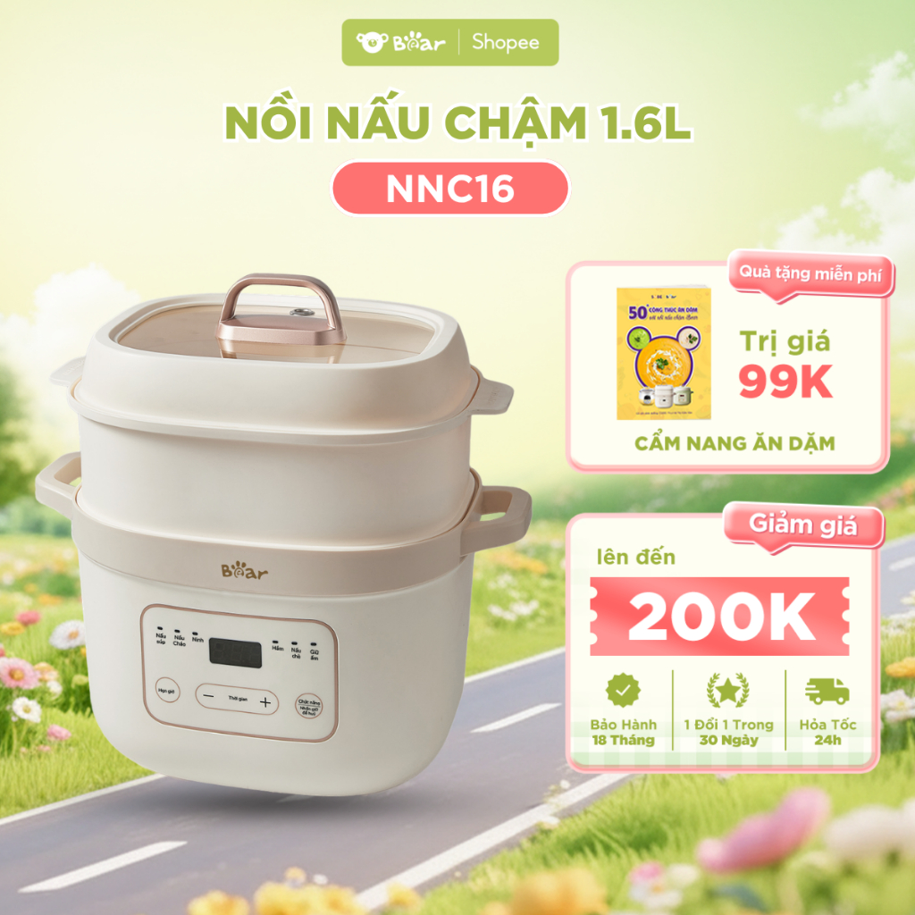 Nồi Nấu Chậm Bear SB - NNC16 Dung Tích 1.6L Nấu Cháo, Nấu Súp, Ninh, Hầm, Nấu Chè