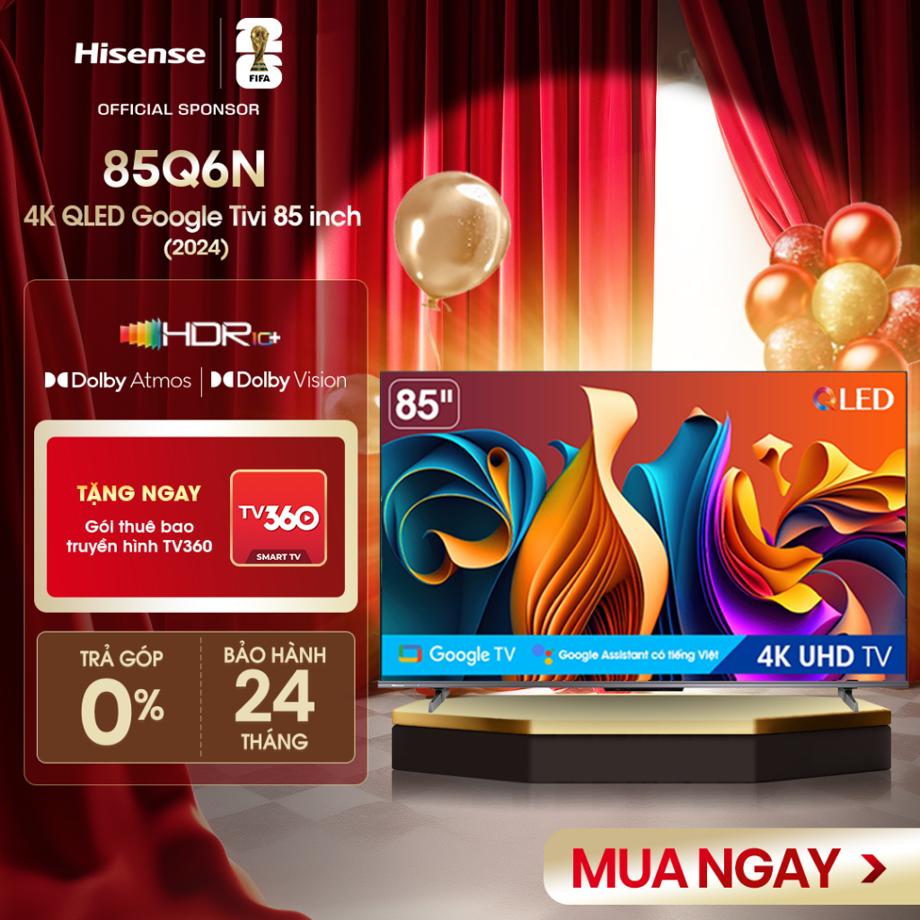 |[Miễn phí vận chuyển| Google Tivi Hisense QLED 4K UHD 85 Inch 85Q6N, Lắp Đặt Toàn Quốc