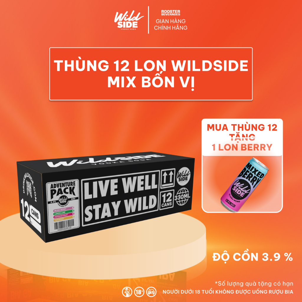 Wildside Vodka Soda Thùng 4 Vị | Thùng 12 Lon x 330ml – Độ cồn 3.9%  – Đồ uống có cồn nhẹ