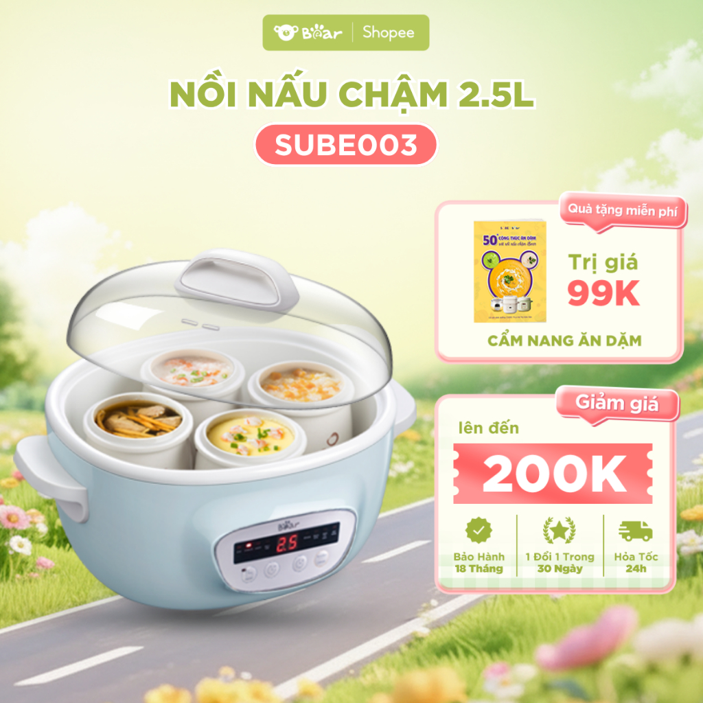 Nồi Nấu Chậm Bear SUBE003 Dung Tích 2.5L Nấu Cháo, Nấu Canh, Chưng Yến, Hầm Cách Thủy