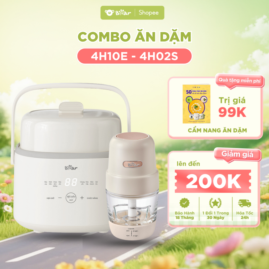 Combo Ăn Dặm Bear Nồi Nấu Cháo Chậm 4H10E 1L Và Máy Xay Ăn Dặm 4H02S 0.3L Cho Mẹ Và Bé