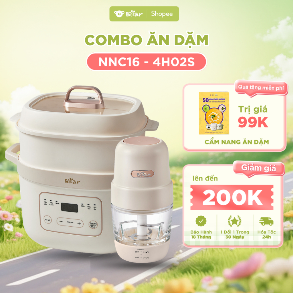 Combo Nồi Nấu Chậm Bear NNC16 Dung Tích 1.6L Và Máy Xay Ăn Dặm Bear 4H02S Xay Thịt Cho Bé Gia Đình