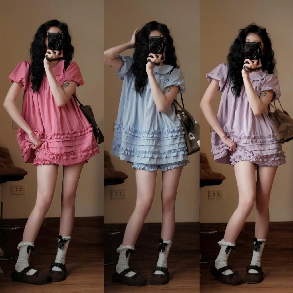 5. (Tặng quần bí) Áo Váy Babydoll Cổ Sen 2 Lớp Form Rộng Gấu Viền Bèo Kèm Quần Bí Phồng Bo Chun Setg