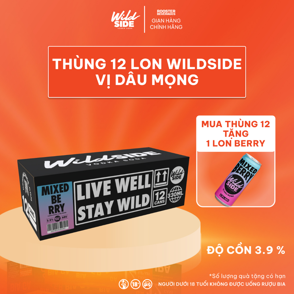 Wildside Vodka Soda Vị Dâu Mọng | Thùng 12 Lon x 330ml – Độ cồn 3.9%  – Đồ uống có cồn nhẹ