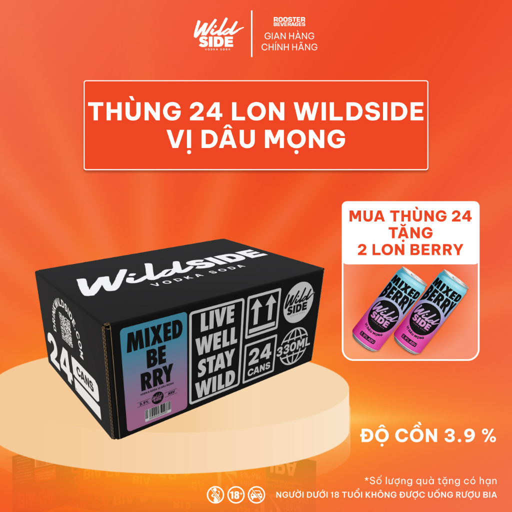 Wildside Vodka Soda Vị Dâu Mọng | Thùng 24 Lon x 330ml – Độ cồn 3.9%  – Đồ uống có cồn nhẹ