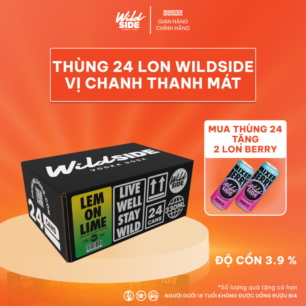 Wildside Vodka Soda Vị Chanh Thanh Mát | Thùng 24 Lon x 330ml – Độ cồn 3.9%  – Đồ uống có cồn nhẹ