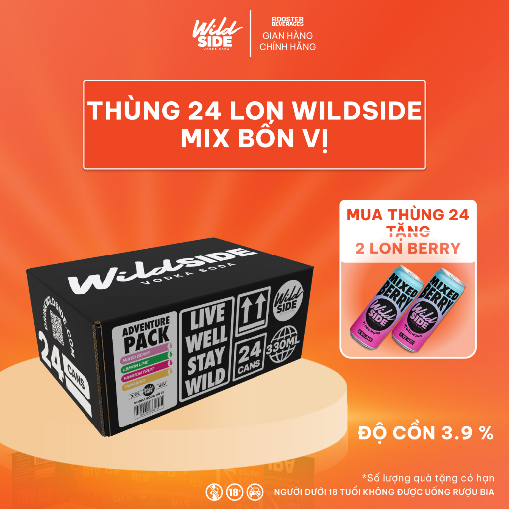 Wildside Vodka Soda Thùng 4 Vị | Thùng 24 Lon x 330ml – Độ cồn 3.9%  – Đồ uống có cồn nhẹ