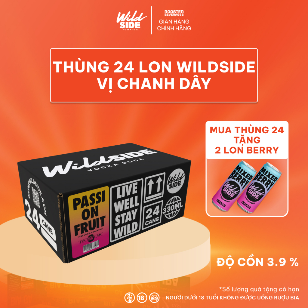 Wildside Vodka Soda Vị Chanh Dây | Thùng 24 Lon x 330ml – Độ cồn 3.9%  – Đồ uống có cồn nhẹ