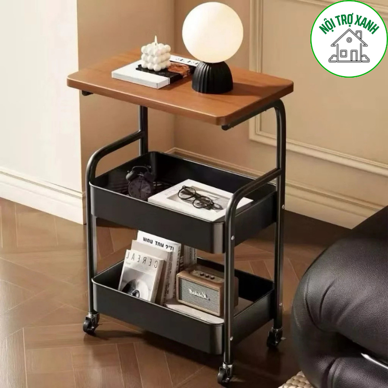 kệ sắt 3 tầng có bánh xe xoay 360 độ mặt gỗ chống nước để đồ tiện dụng 1038