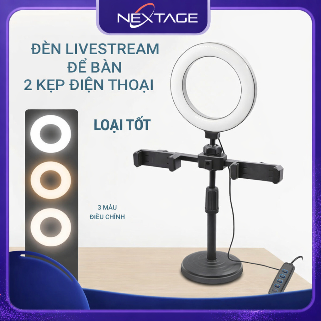 Đèn livestream để bàn có hai kẹp điện thoại gồm 3 chế độ màu điều chỉnh ánh sáng hỗ trợ bán hàng+ quay video+ học tập