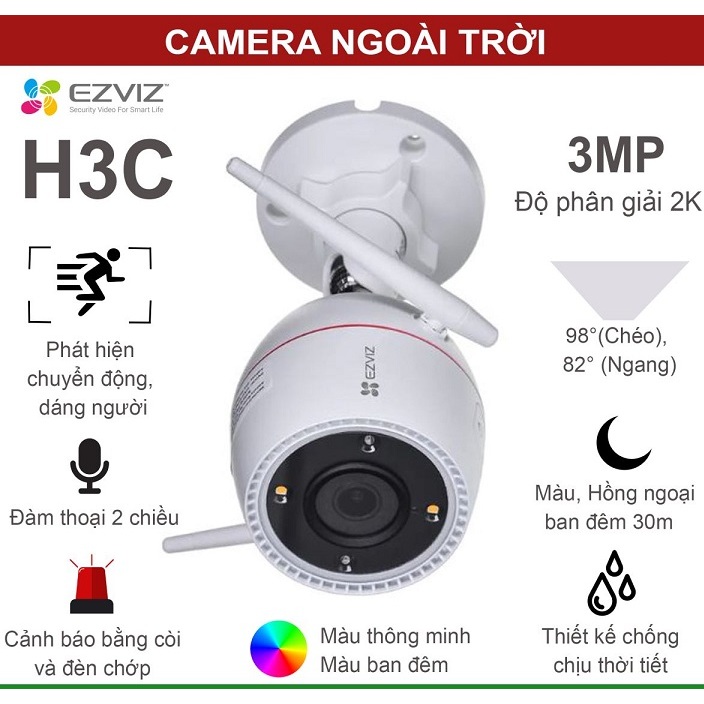 Camera IP Wifi ngoài trời EZVIZ H3C 3MP 2k Full Color