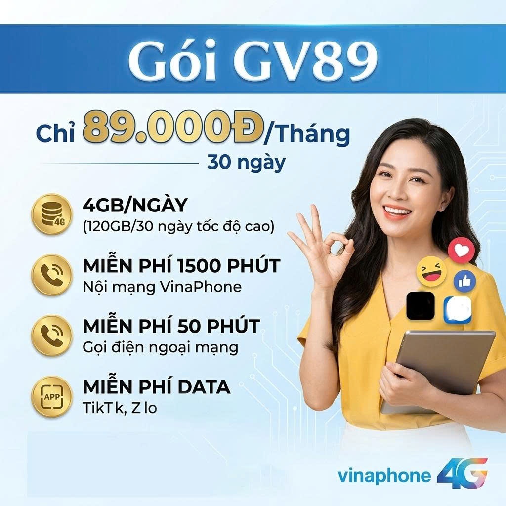 GV89 Sim Vinaphone: 4GB/ ngày, 1500p nội mạng, 50p ngoại mạng, miễn phí TIK, RALO, gia hạn 89k/tháng