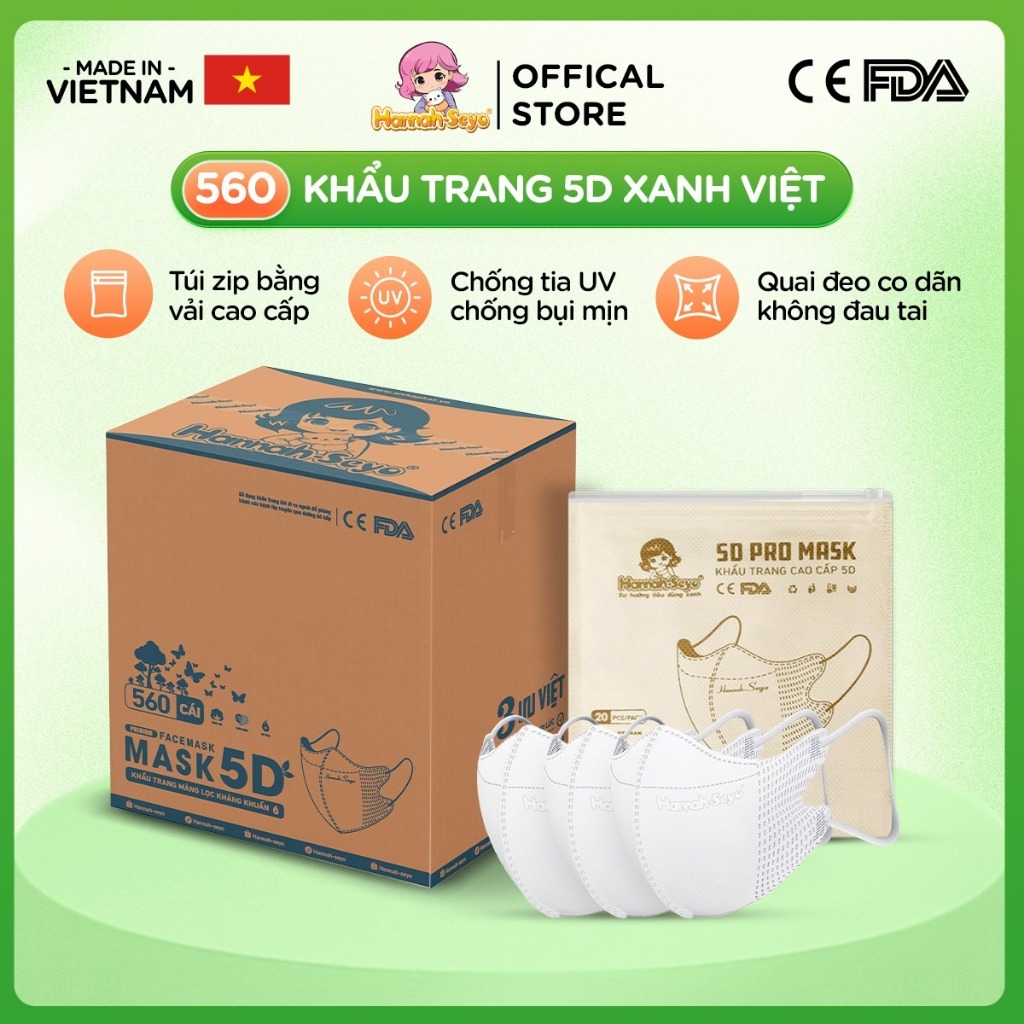 [Thùng 500/560 Chiếc] Khẩu trang 5D Hannah Seyo 3 lớp dày – Chống UV, chống nắng, bụi mịn, thoáng kh