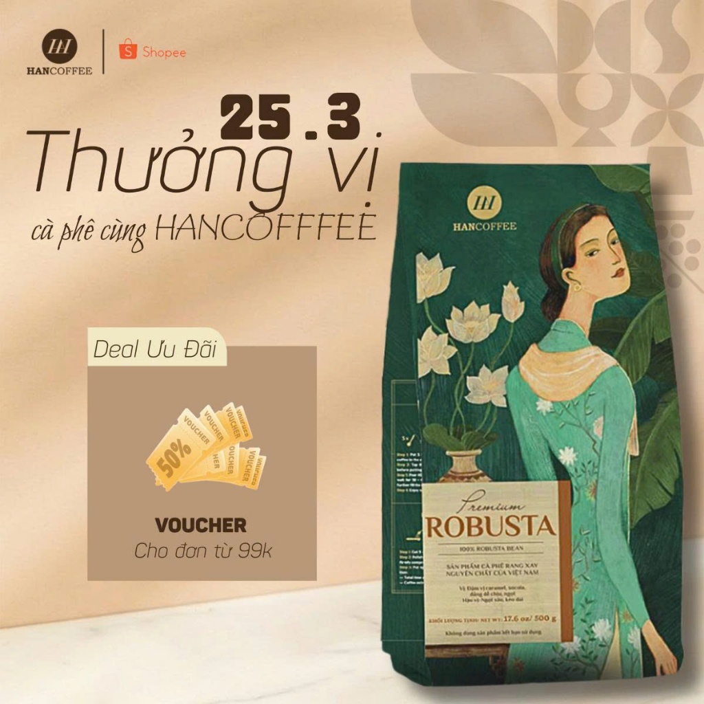 Cà Phê Hạt Rang Premium Robusta HANCOFFEE Rang Mộc Nguyên Chất 500g