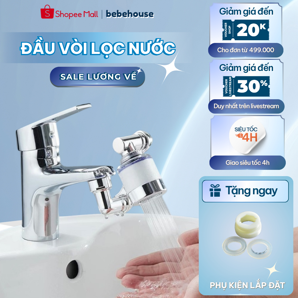 Bộ Lọc Nước, Đầu Vòi Lọc Nước Đa Năng Xoay 1080 Độ Kèm Tăng Áp HT026 BEBEHOUSE