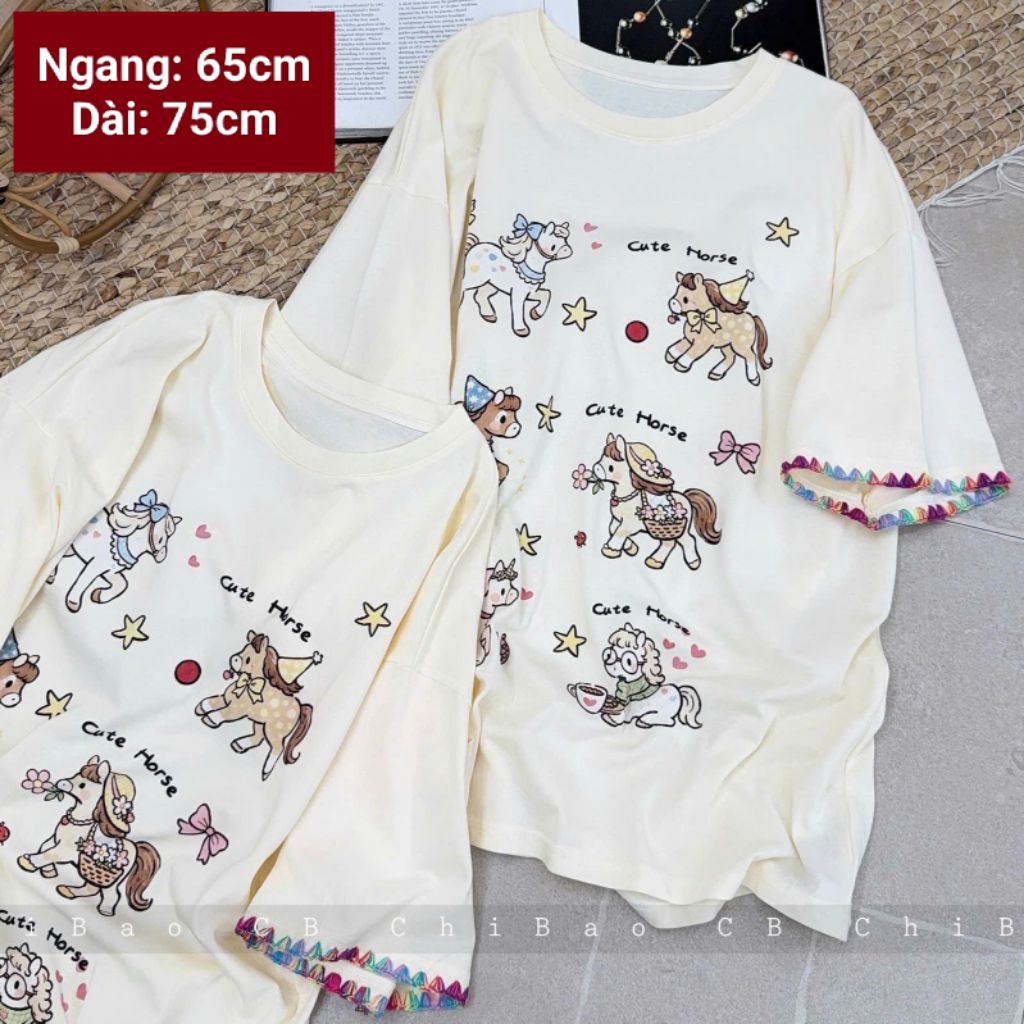 (Hàng QC-Bao Chất)#D1▫️Áo Pull Cổ Tròn Cộc Tay Viền Chỉ Nổi Sắc Màu Hình Ngựa Chữ Cute Horse Ulzzang
