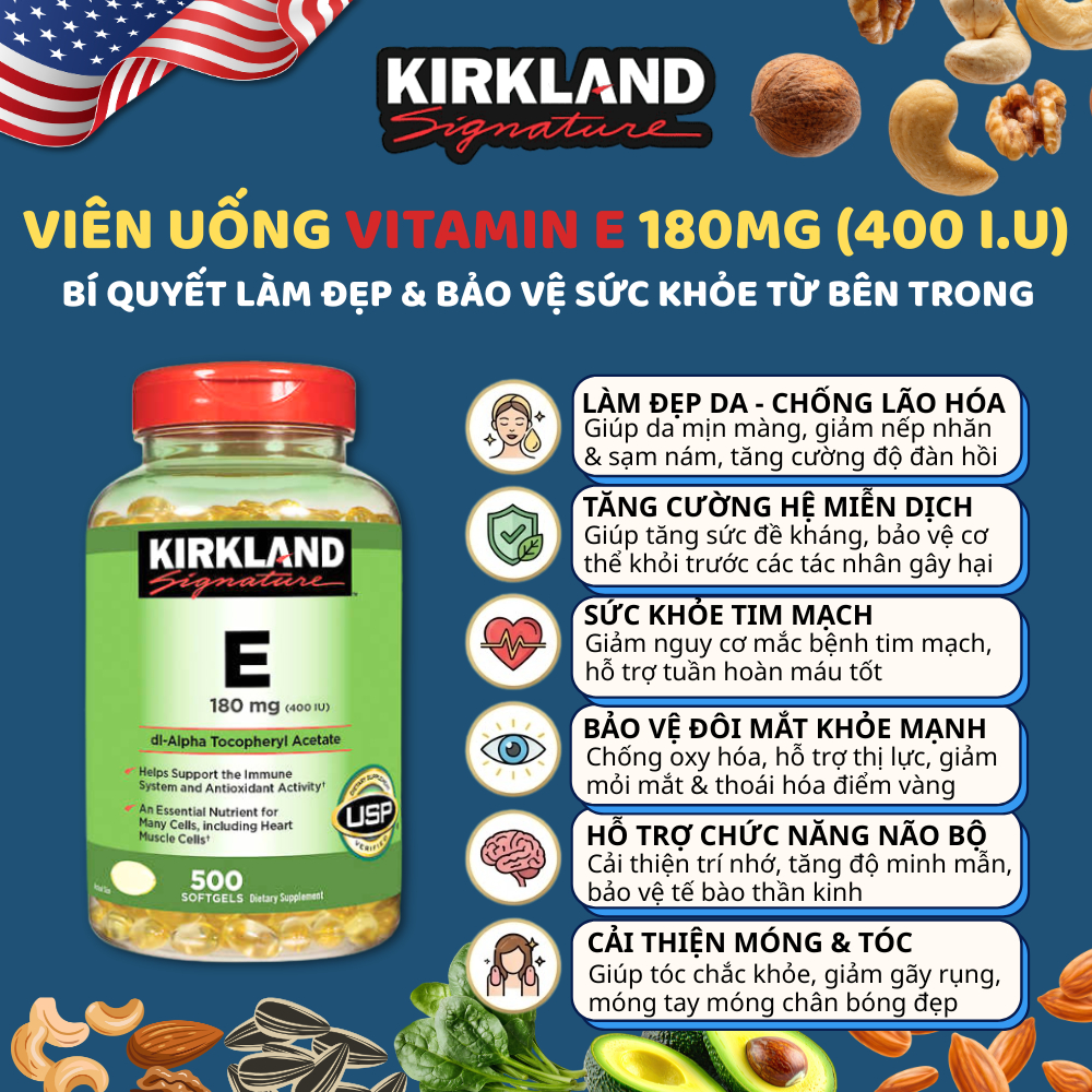 Thực phẩm bảo vệ sức khỏe Da, Móng & Tóc Kirkland Signature Vitamin E 180mg (400IU) - Hộp 500 viên