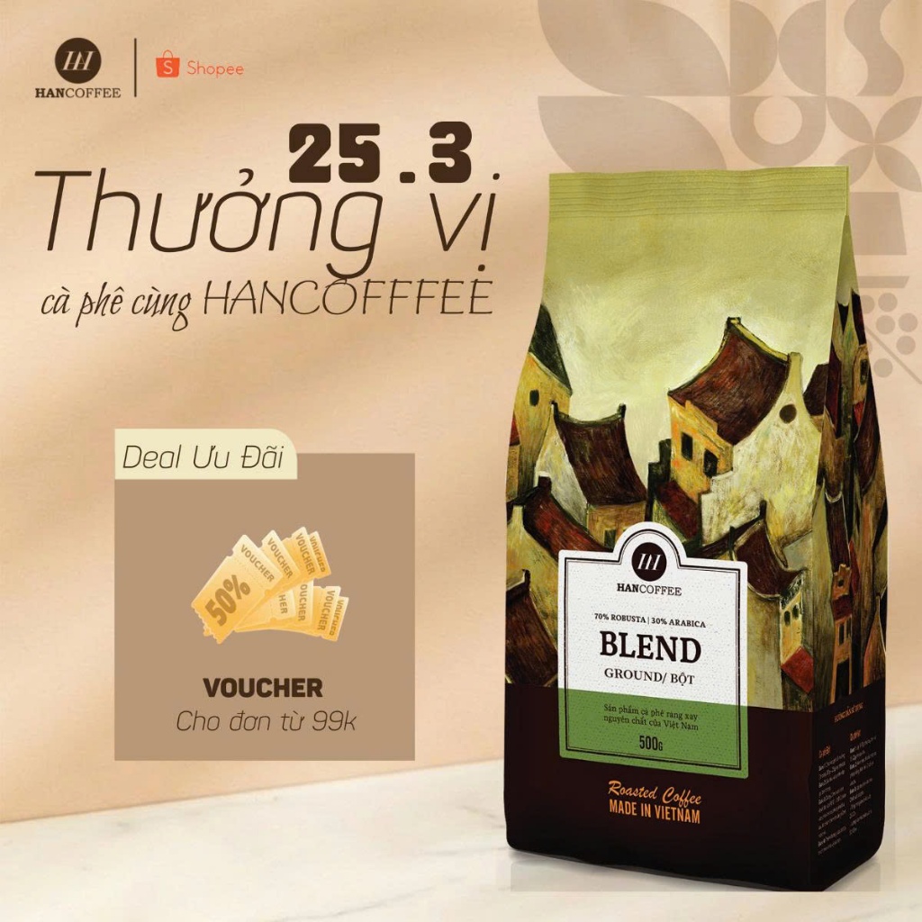Cà Phê Rang Mộc Blend Standard Cà Phê Hạt Rang Pha Máy Pha Phin 70% Robusta 30% Arabica HANCOFFEE