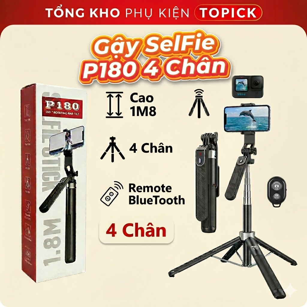Gậy Chụp Ảnh 4 Chân P180, Tripod Điện Thoại Livestream, Quay Phim, Chụp Ảnh Kéo Dài 180cm, Có Remote
