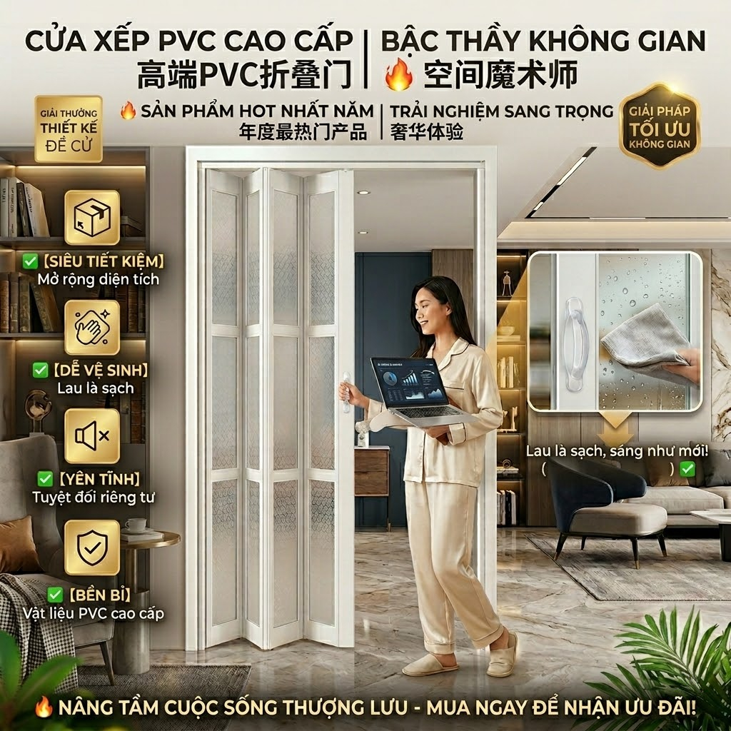 Cửa Nhựa Xếp PVC, Cửa Lùa Nhà Tắm Kích Thước 70x2m, 80x2m,90x2m,1mx2m - Tiện Lợi, Có Hướng Dẫn Lắp Đ