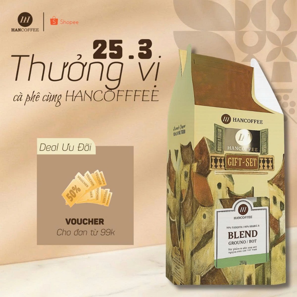 Cà Phê Rang Xay Gift Set Hancoffee Gồm Combo Cà phê Blend Túi 250gr + Phin cafe