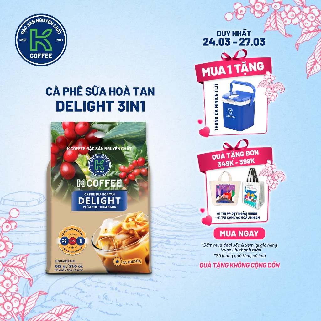 Cà Phê Sữa Hòa Tan K Delight 3in1 612g (Túi 36 gói x 17g) - Thương hiệu K Coffee