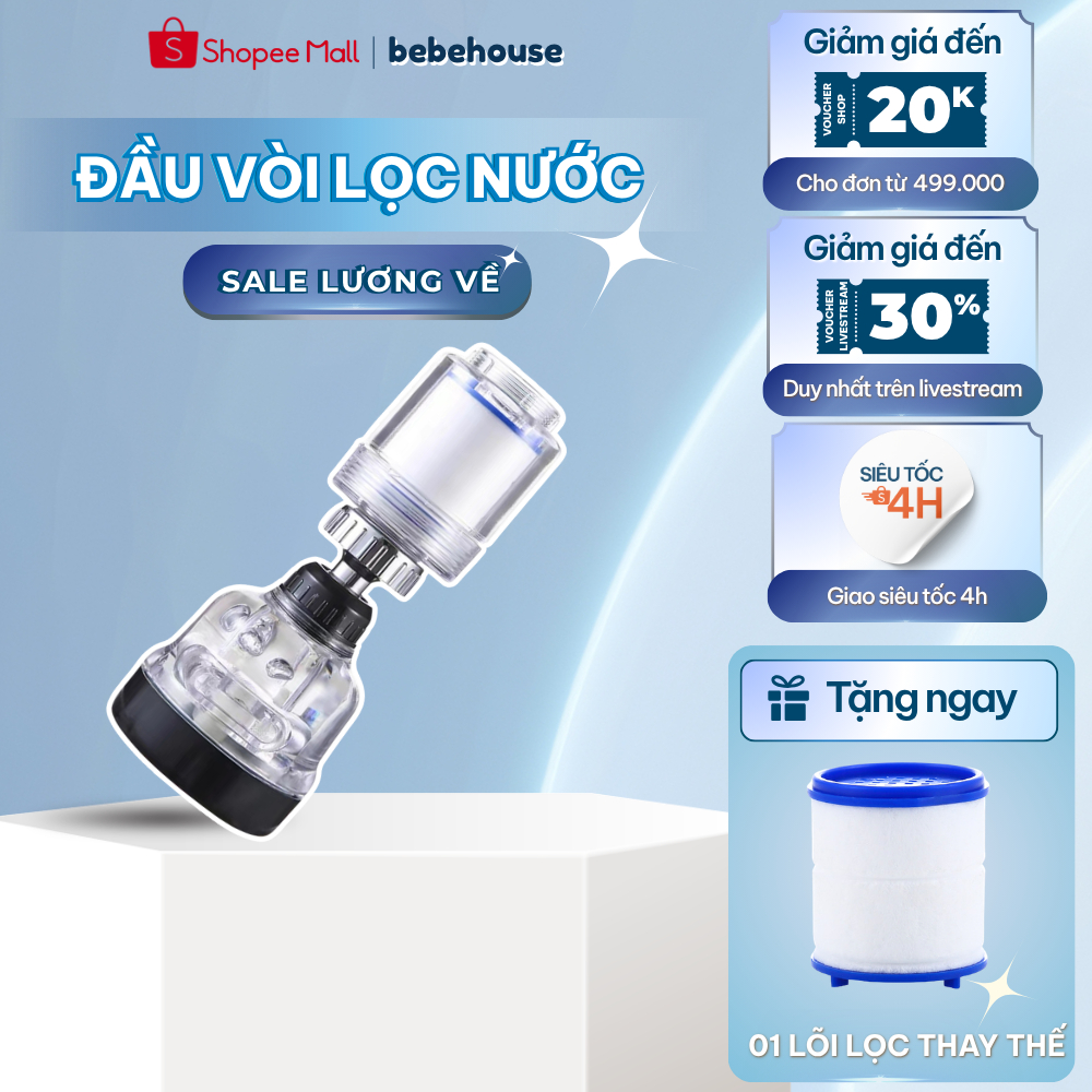 Bộ Lọc Nước, Đầu Vòi Lọc Nước Kèm Tăng Áp Trong Suốt Tặng Đầu Nối HT032 BEBEHOUSE