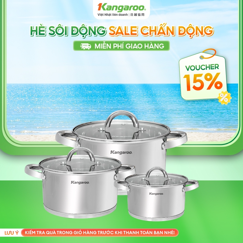 {Inox 201 dày 0.5mm} Bộ nồi đáy 5 lớp cao cấp size 16-20-24 Kangaroo KGIP3B4E