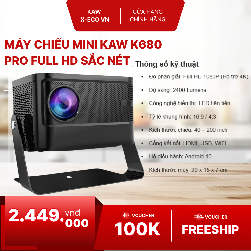 Máy Chiếu Mini KAW K680 Pro Chính Hãng Full HD 1080P, Độ Sáng Cao 1400 Lumen - BH 12 Tháng