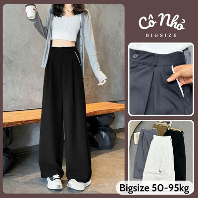 Quần Ống Rộng Bigsize Nữ Quần Suông Cạp Cao Viền Trắng Tôn Dáng Lưng Chun Co Giãn Q574