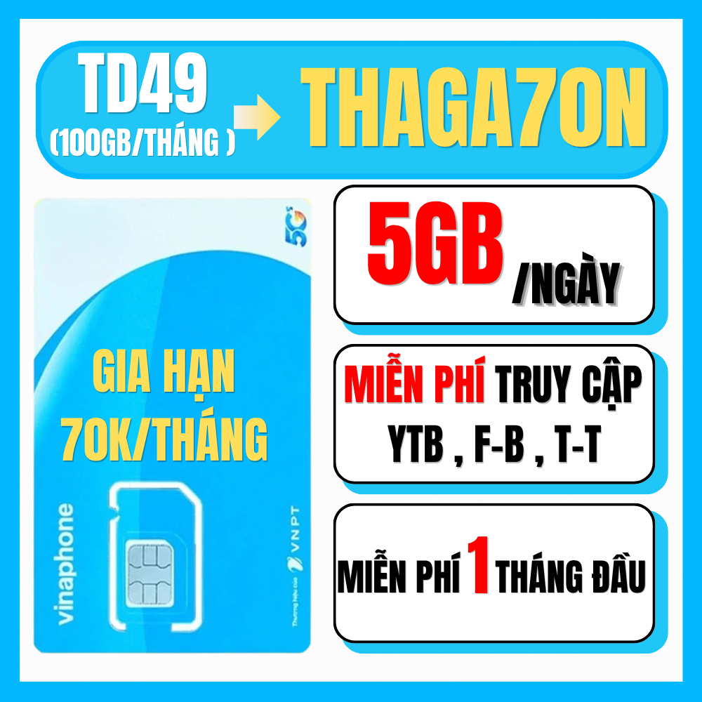 [ TẶNG 1 NĂM ] Sim 5G Vinaphone Trọn Gói 1 Năm Vào Mạng Lướt Web Thả Ga Tặng 150Gb/Tháng TD49 BIG50Y